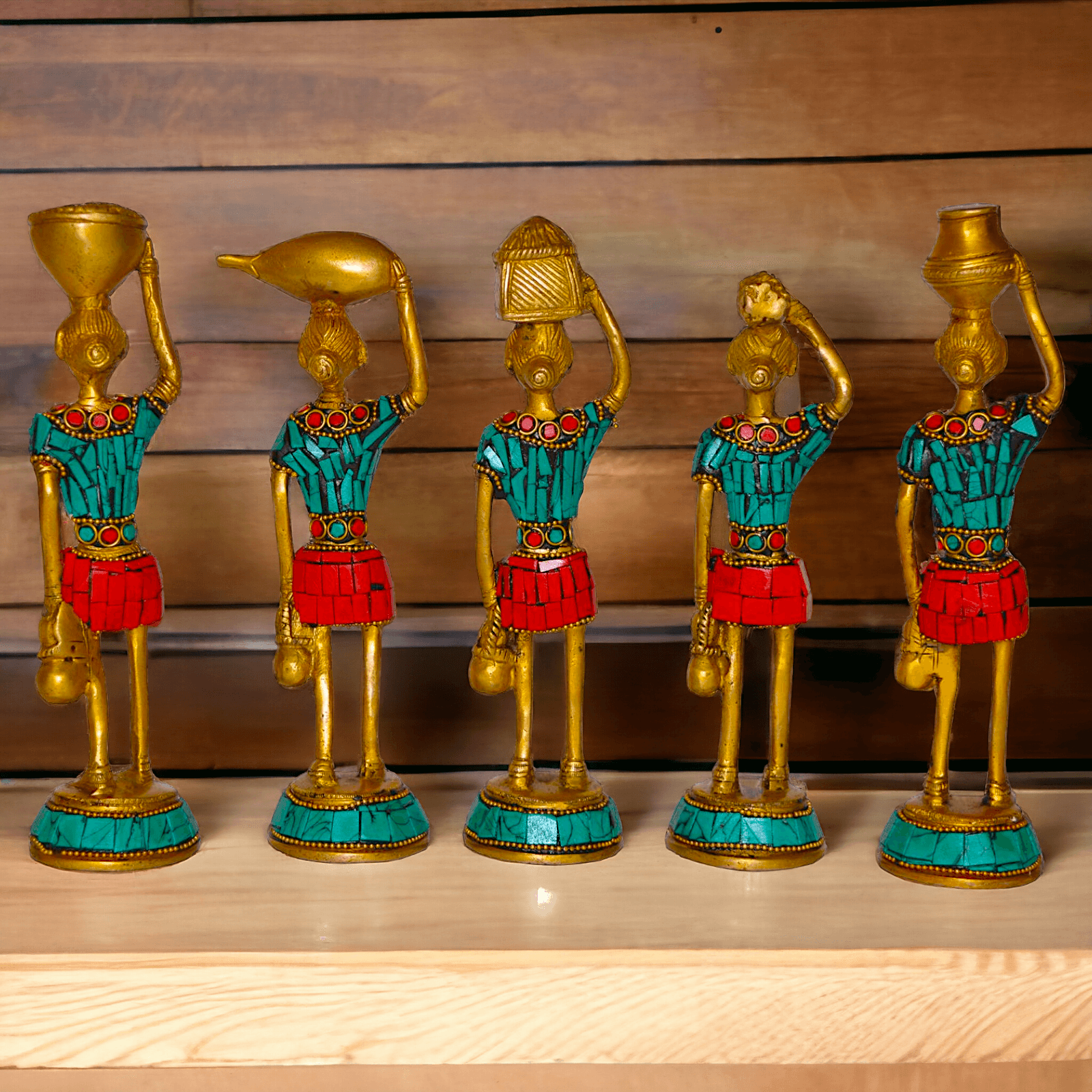 Brass Set of Five Red Indians Ladies Statue for Home Décor and Collectors Nikuressence