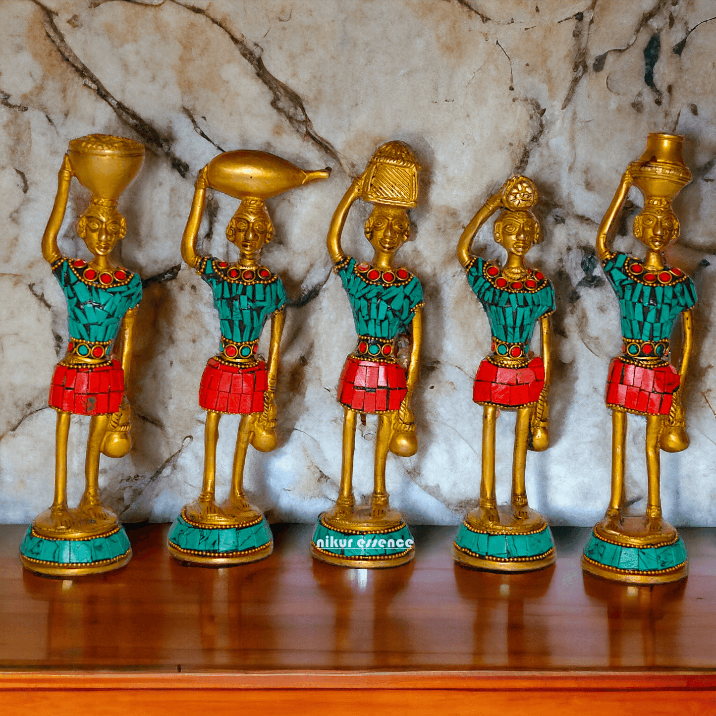 Brass Set of Five Red Indians Ladies Statue for Home Décor and Collectors Nikuressence