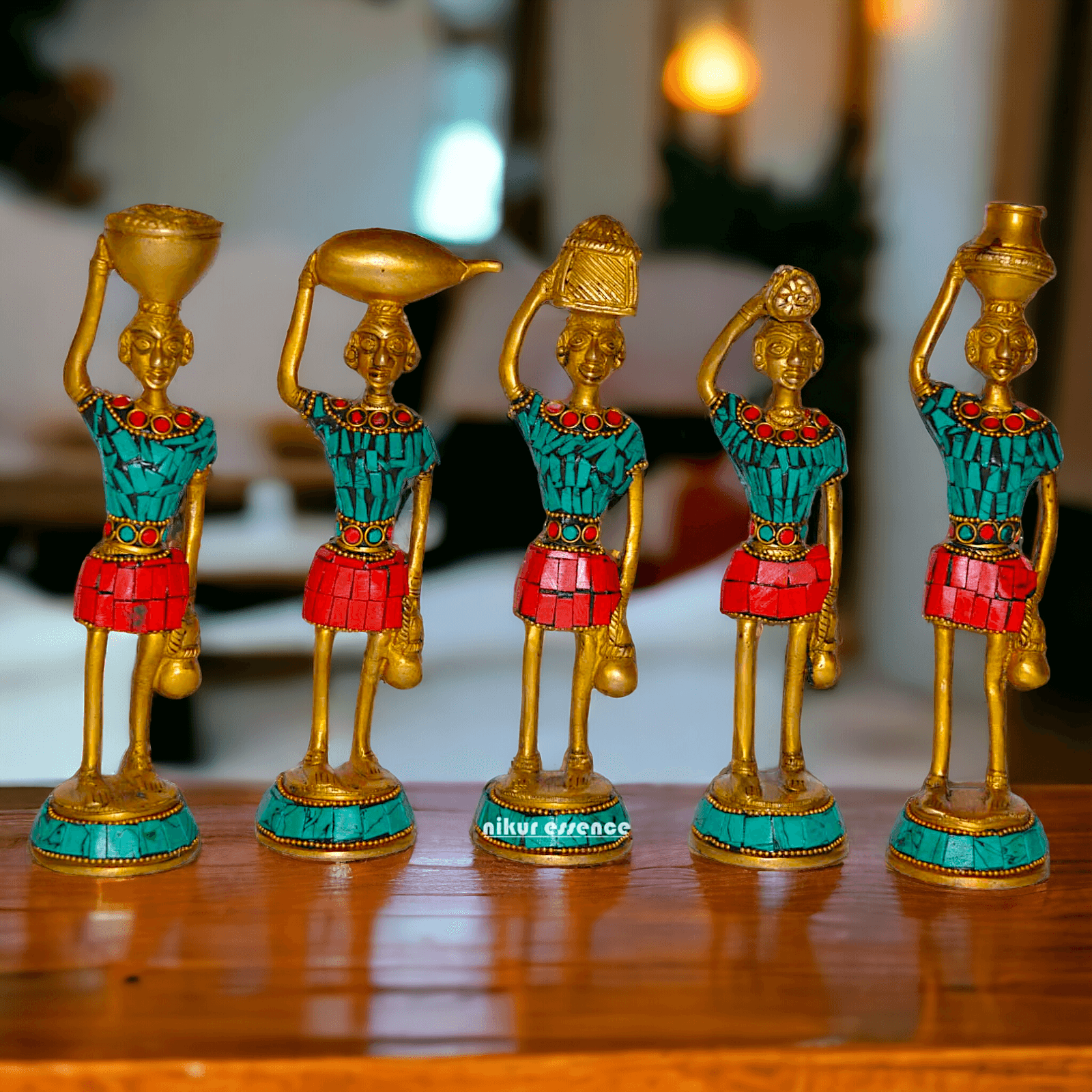 Brass Set of Five Red Indians Ladies Statue for Home Décor and Collectors Nikuressence