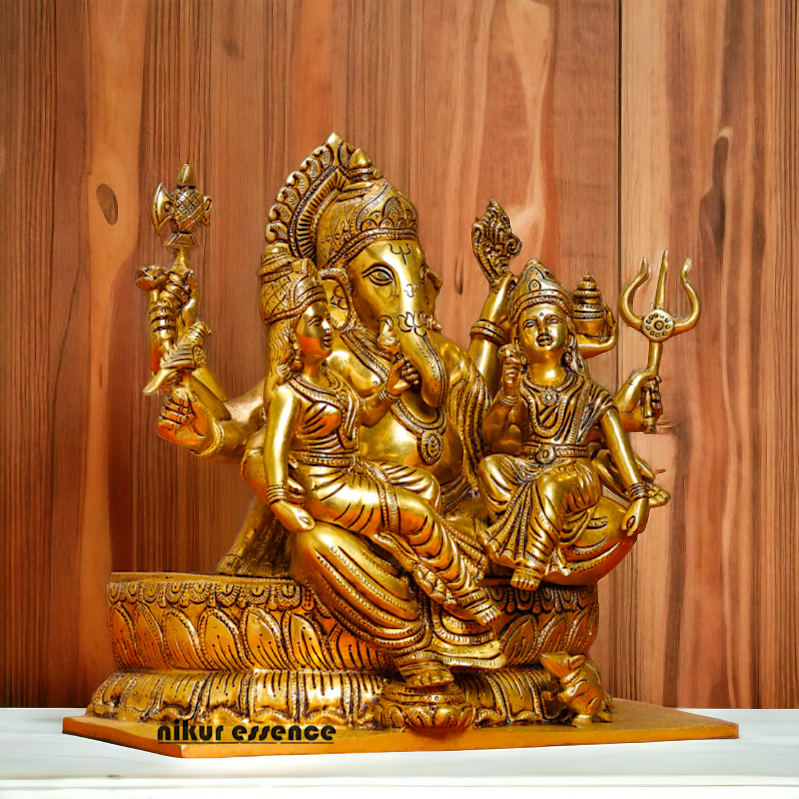 Brass Ganesh with Riddhi-Siddhi Idol, 30.5 cm Tall Nikuressence