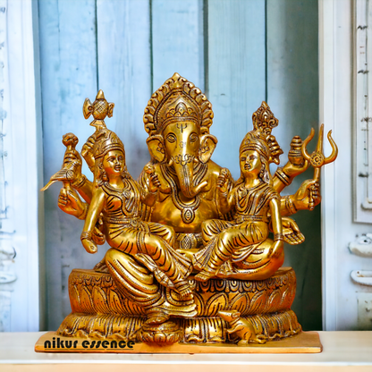 Brass Ganesh with Riddhi-Siddhi Idol, 30.5 cm Tall Nikuressence