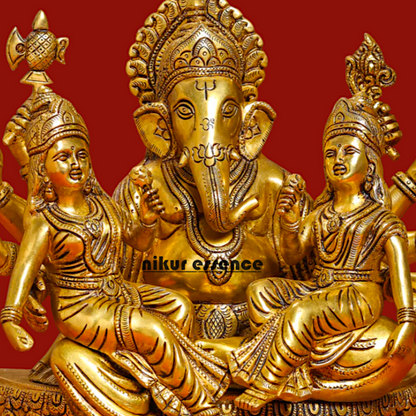 Brass Ganesh with Riddhi-Siddhi Idol, 30.5 cm Tall Nikuressence