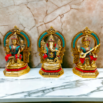 Brass Ganesha Lakshmi Saraswati Statues with stone Work -24.5CM Nikuressence