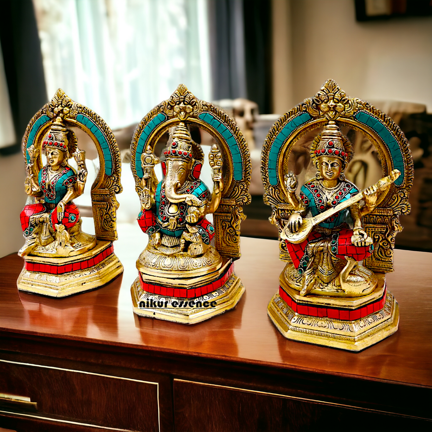 Brass Ganesha Lakshmi Saraswati Statues with stone Work -24.5CM Nikuressence