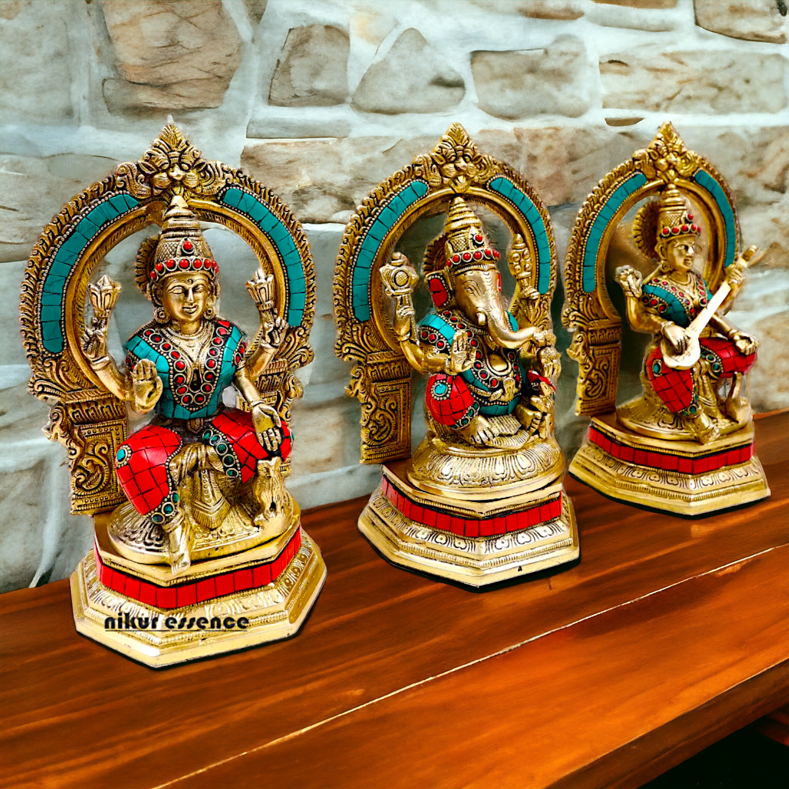 Brass Ganesha Lakshmi Saraswati Statues with stone Work -24.5CM Nikuressence