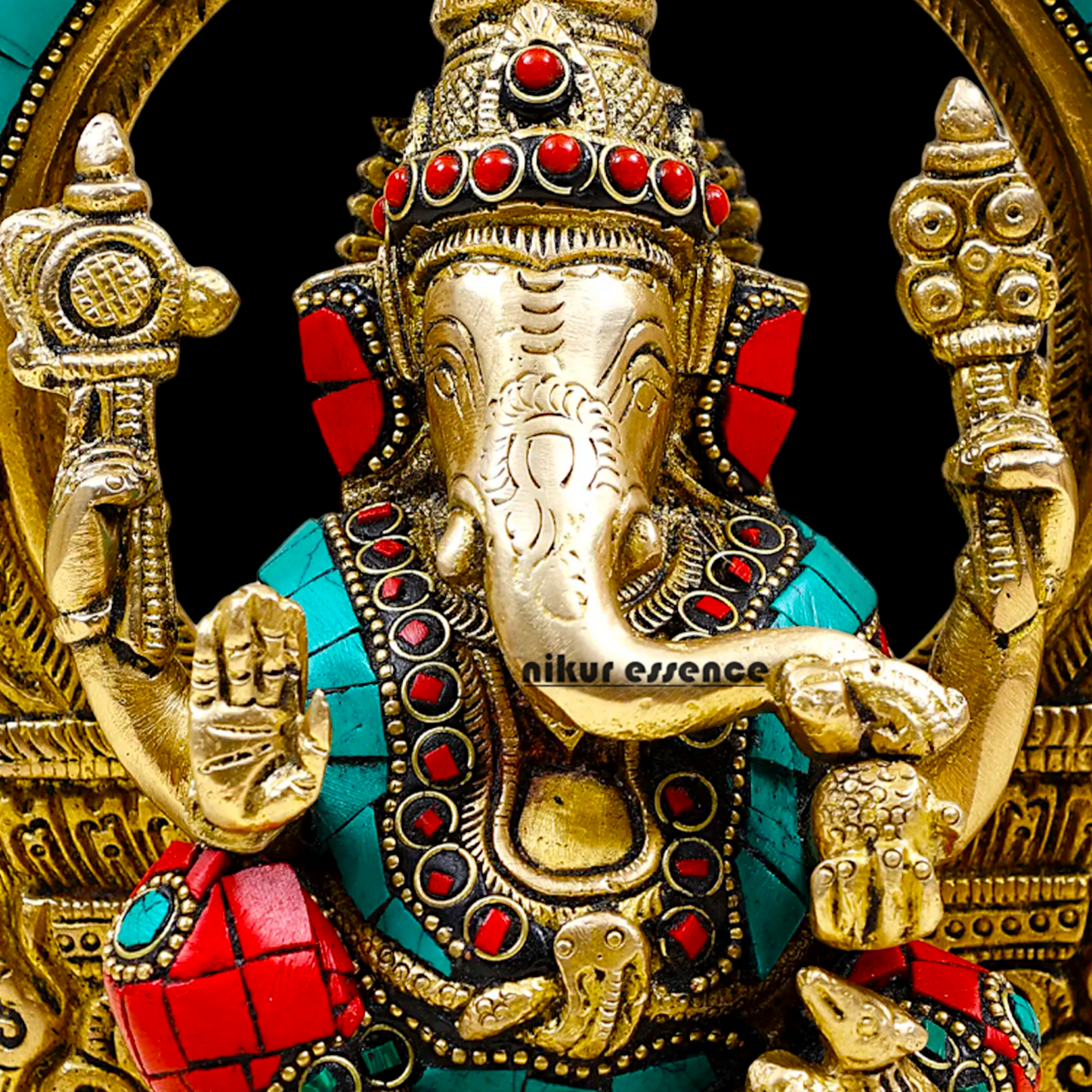 Brass Ganesha Lakshmi Saraswati Statues with stone Work -24.5CM Nikuressence