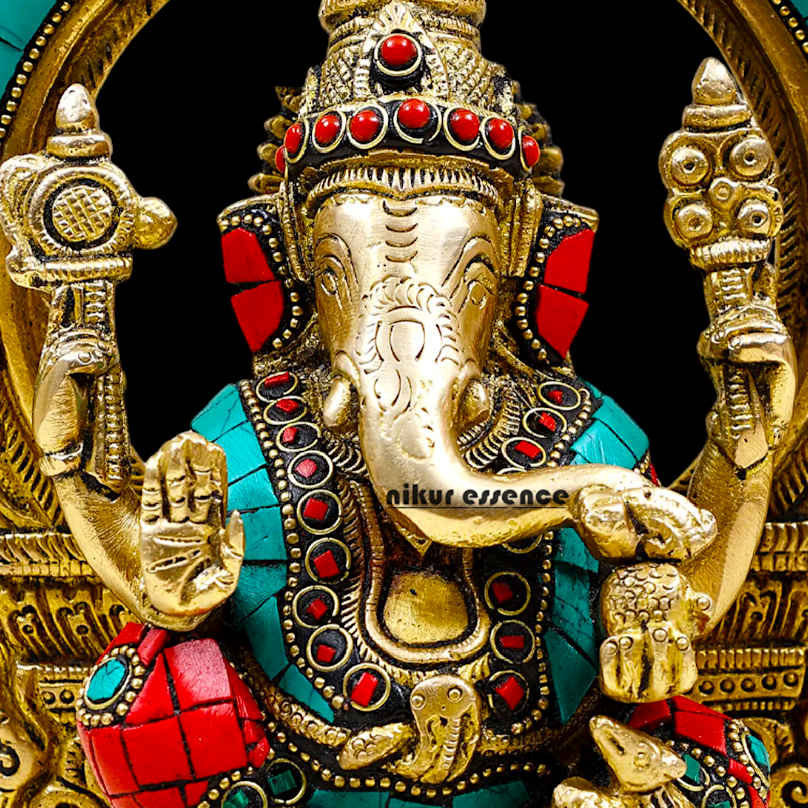 Brass Ganesha Lakshmi Saraswati Statues with stone Work -24.5CM Nikuressence