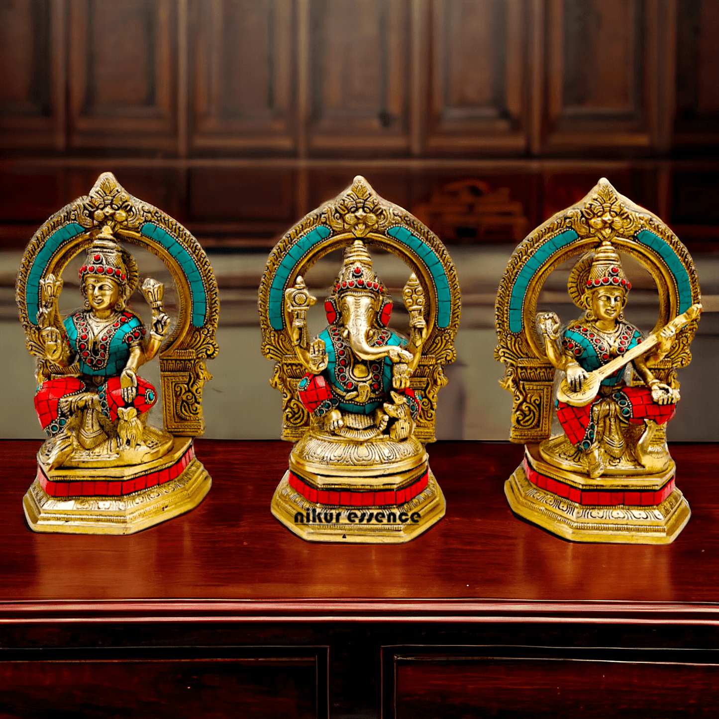 Brass Ganesha Lakshmi Saraswati Statues with stone Work -24.5CM Nikuressence