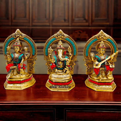 Brass Ganesha Lakshmi Saraswati Statues with stone Work -24.5CM Nikuressence