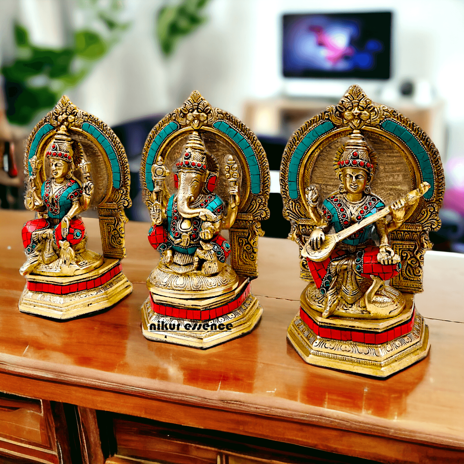 Brass Ganesha Lakshmi Saraswati Statues with stone Work -24.5CM Nikuressence