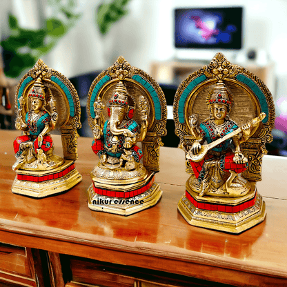 Brass Ganesha Lakshmi Saraswati Statues with stone Work -24.5CM Nikuressence