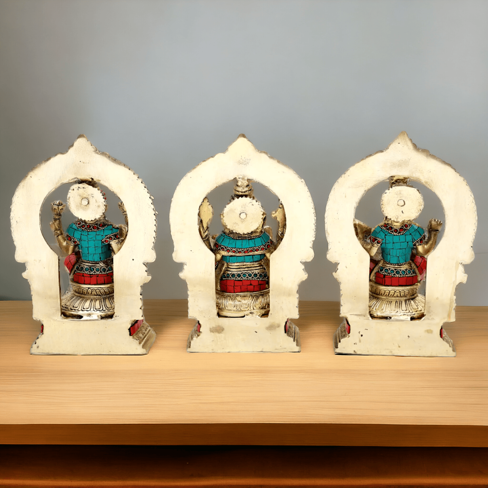 Brass Ganesha Lakshmi Saraswati Statues with stone Work -24.5CM Nikuressence