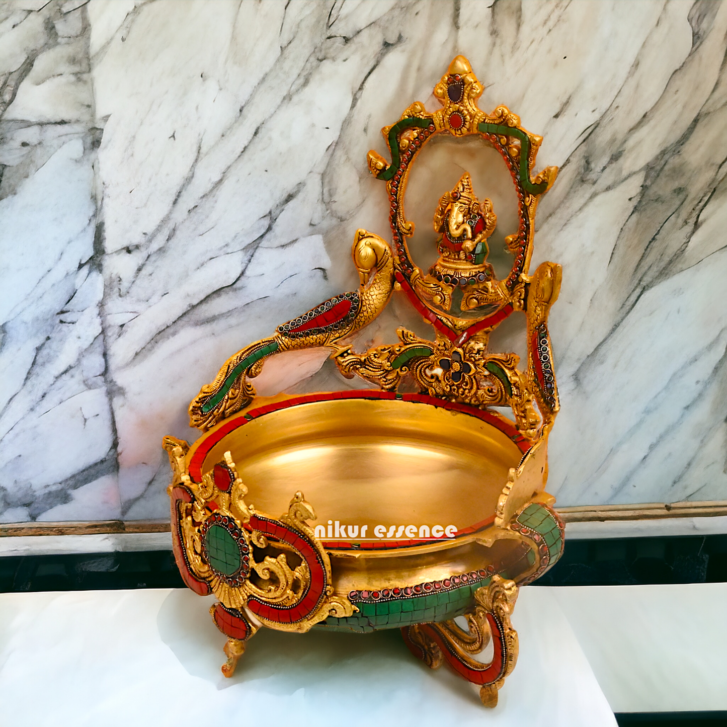 Buy Ganesha Urli with Peacock Detailing - Handcrafted Indian Decorative Bowl for Spiritual Bliss and Aesthetic Elegance Nikuressence