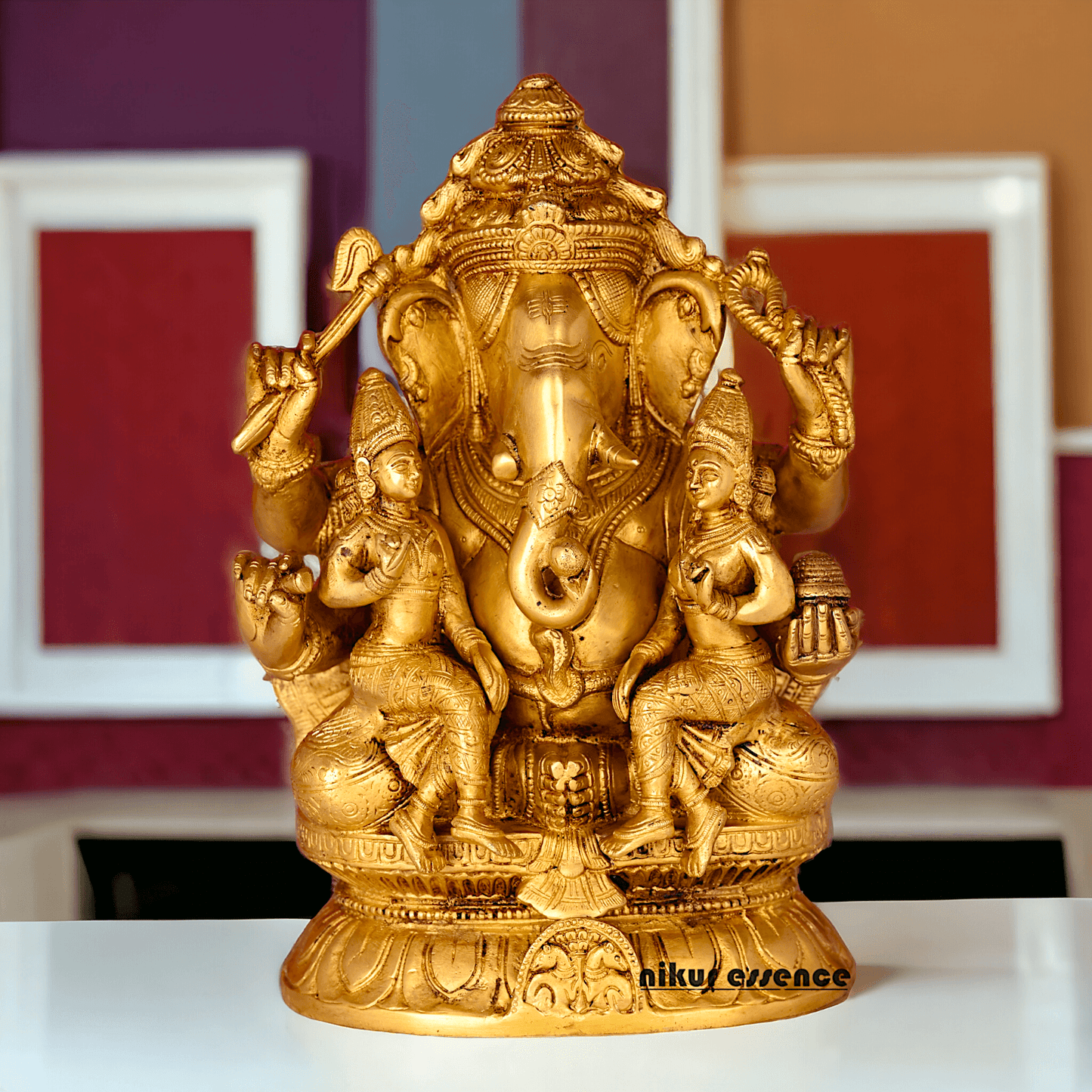 Ganesha Brass Statue with Riddhi Siddhi - 12.5 Inch Nikuressence