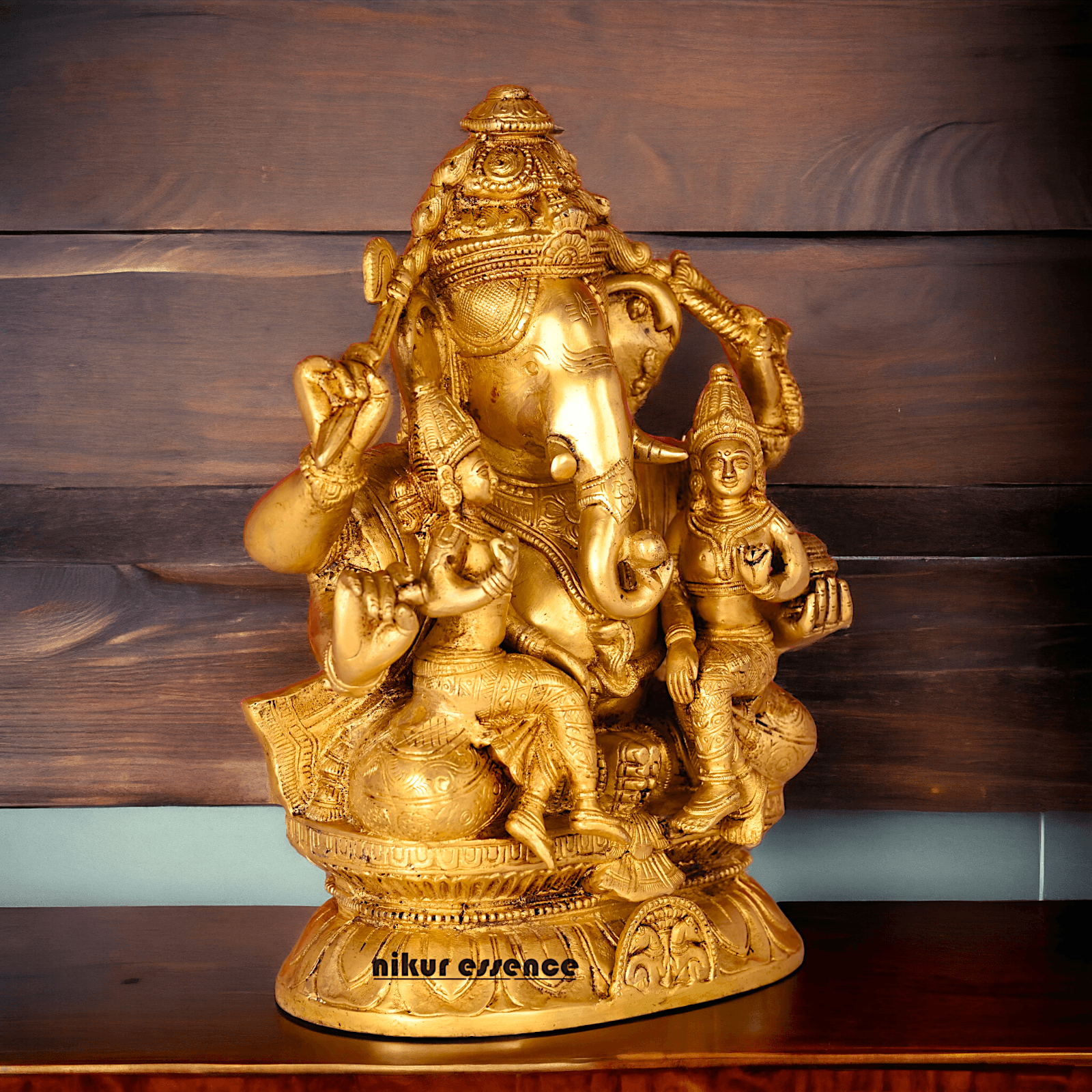 Ganesha Brass Statue with Riddhi Siddhi - 12.5 Inch Nikuressence