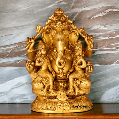 Ganesha Brass Statue with Riddhi Siddhi - 12.5 Inch Nikuressence