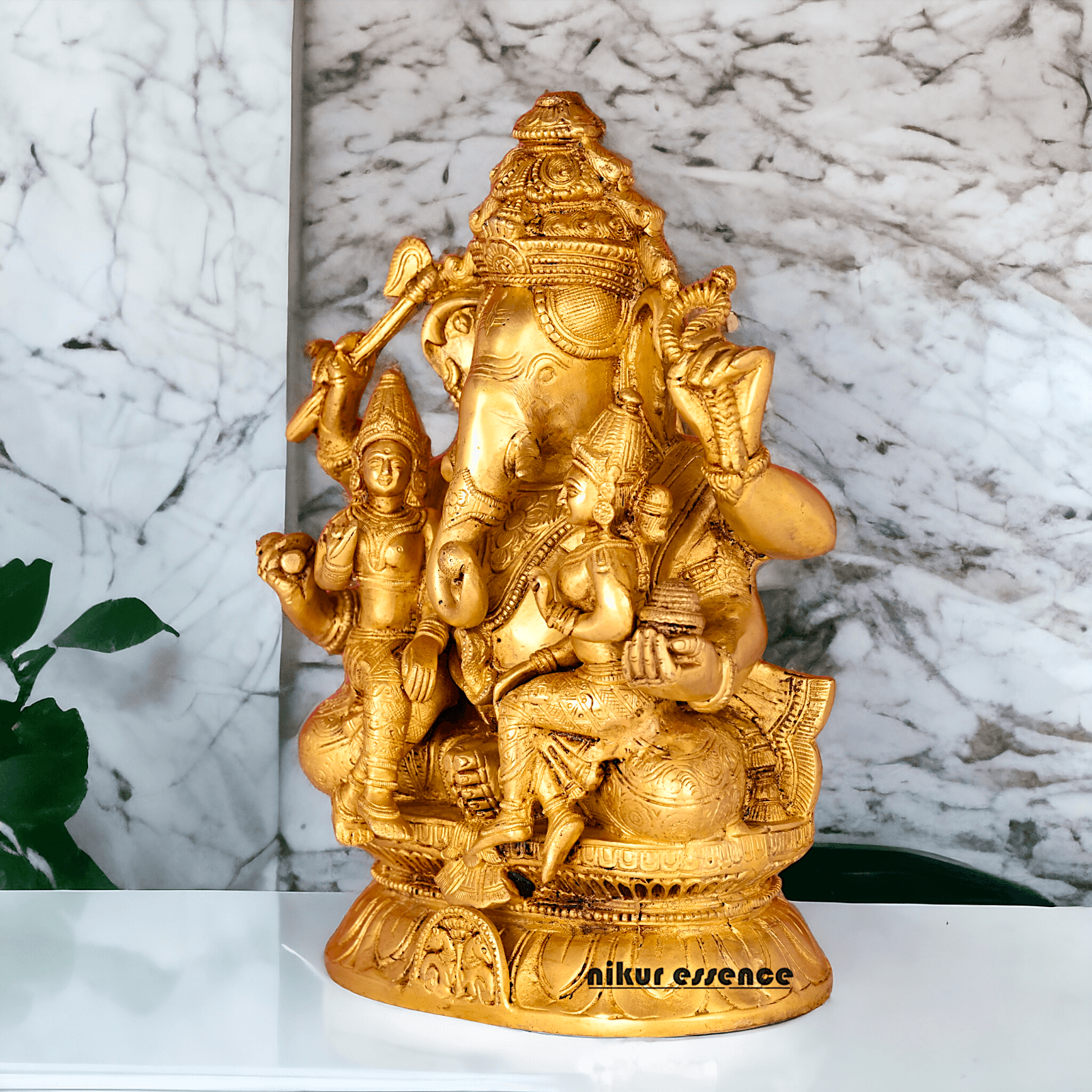 Ganesha Brass Statue with Riddhi Siddhi - 12.5 Inch Nikuressence