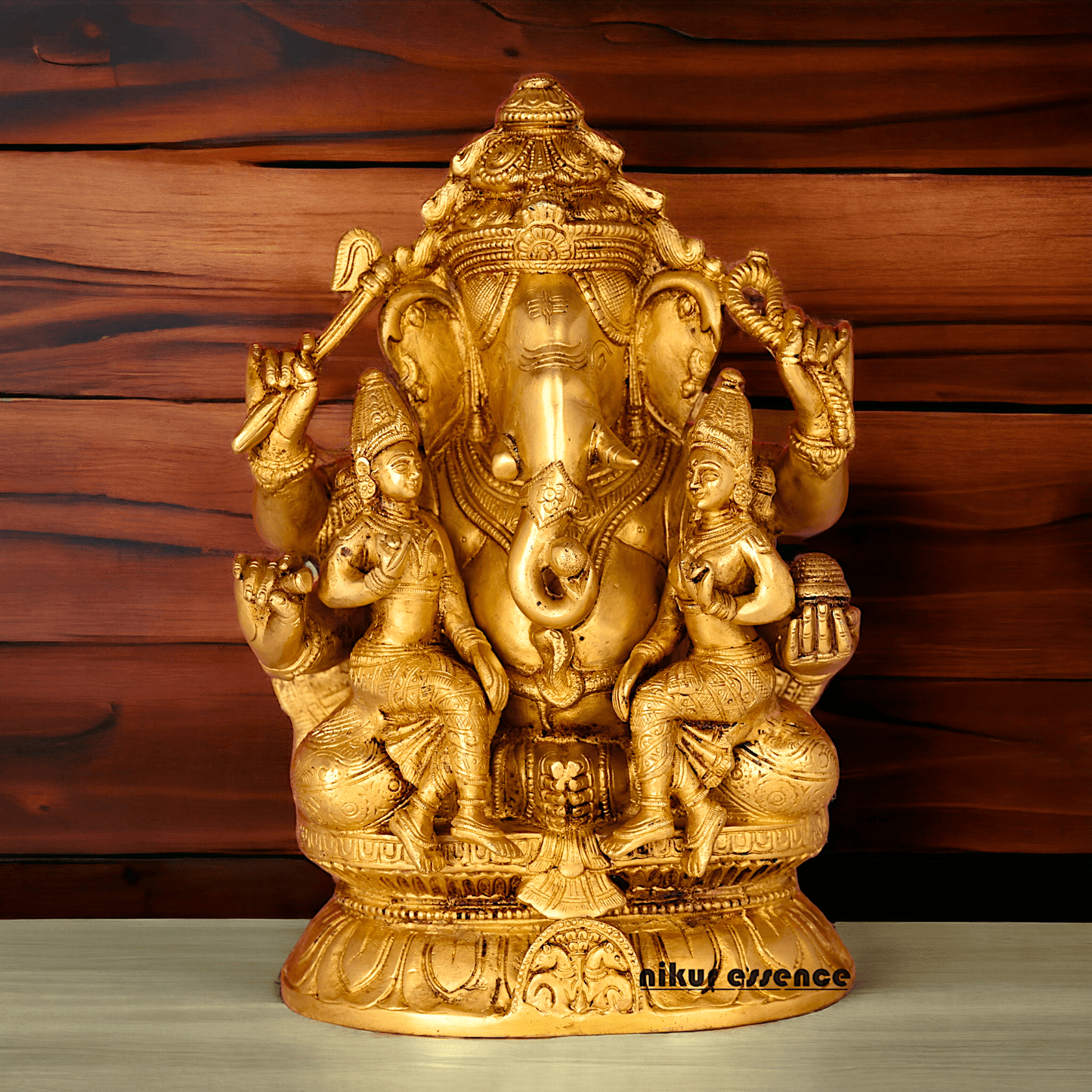 Ganesha Brass Statue with Riddhi Siddhi - 12.5 Inch Nikuressence