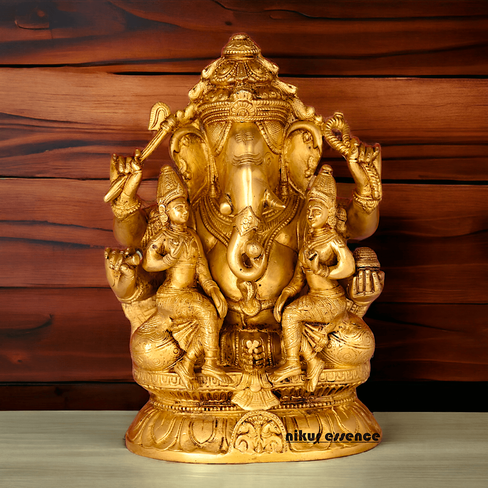 Ganesha Brass Statue with Riddhi Siddhi - 12.5 Inch Nikuressence