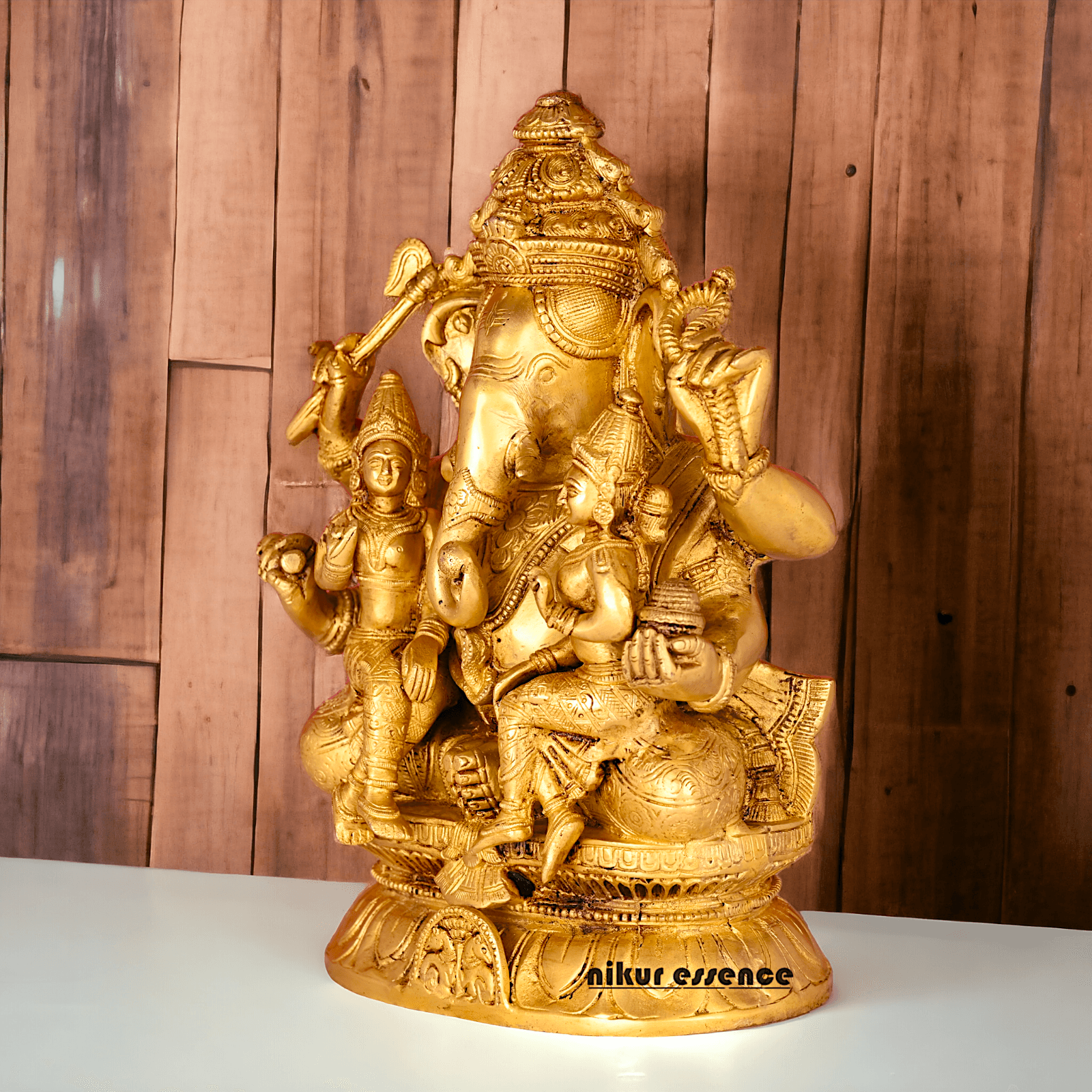Ganesha Brass Statue with Riddhi Siddhi - 12.5 Inch Nikuressence