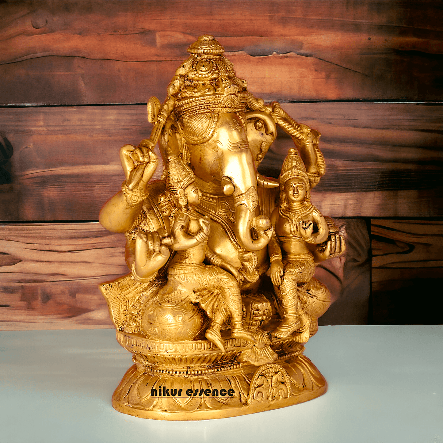 Ganesha Brass Statue with Riddhi Siddhi - 12.5 Inch Nikuressence