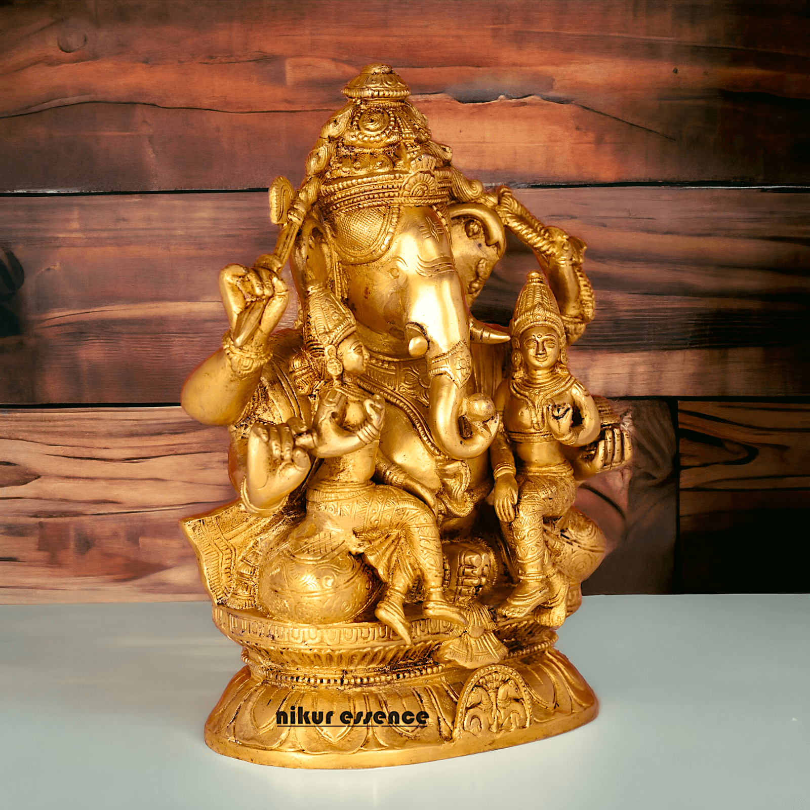 Ganesha Brass Statue with Riddhi Siddhi - 12.5 Inch Nikuressence