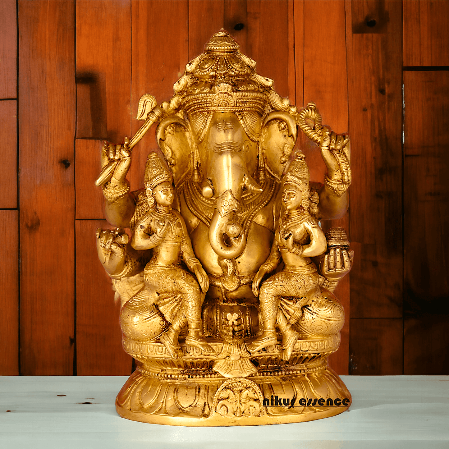 Ganesha Brass Statue with Riddhi Siddhi - 12.5 Inch Nikuressence