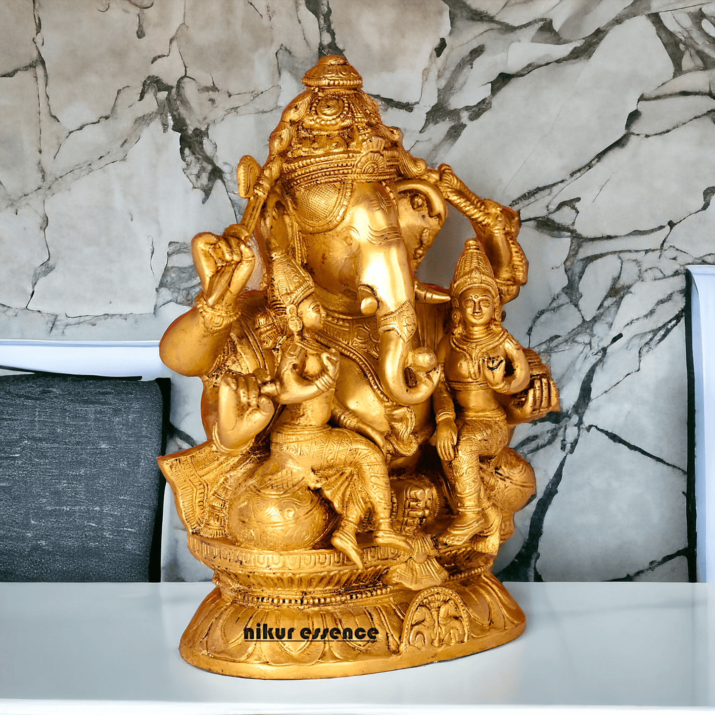 Ganesha Brass Statue with Riddhi Siddhi - 12.5 Inch Nikuressence
