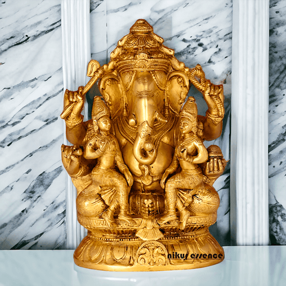 Ganesha Brass Statue with Riddhi Siddhi - 12.5 Inch Nikuressence