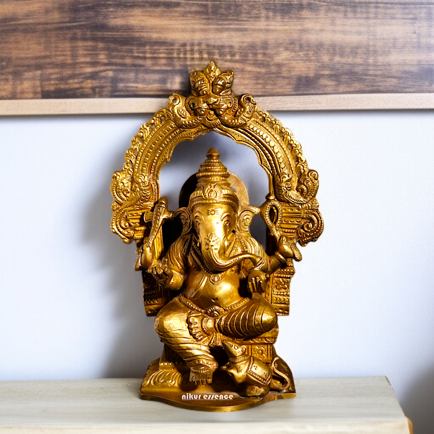 Ganpati Ganesha blessing seated on throne with Four Armed Panchaloha idol- 8 inches Nikuressence