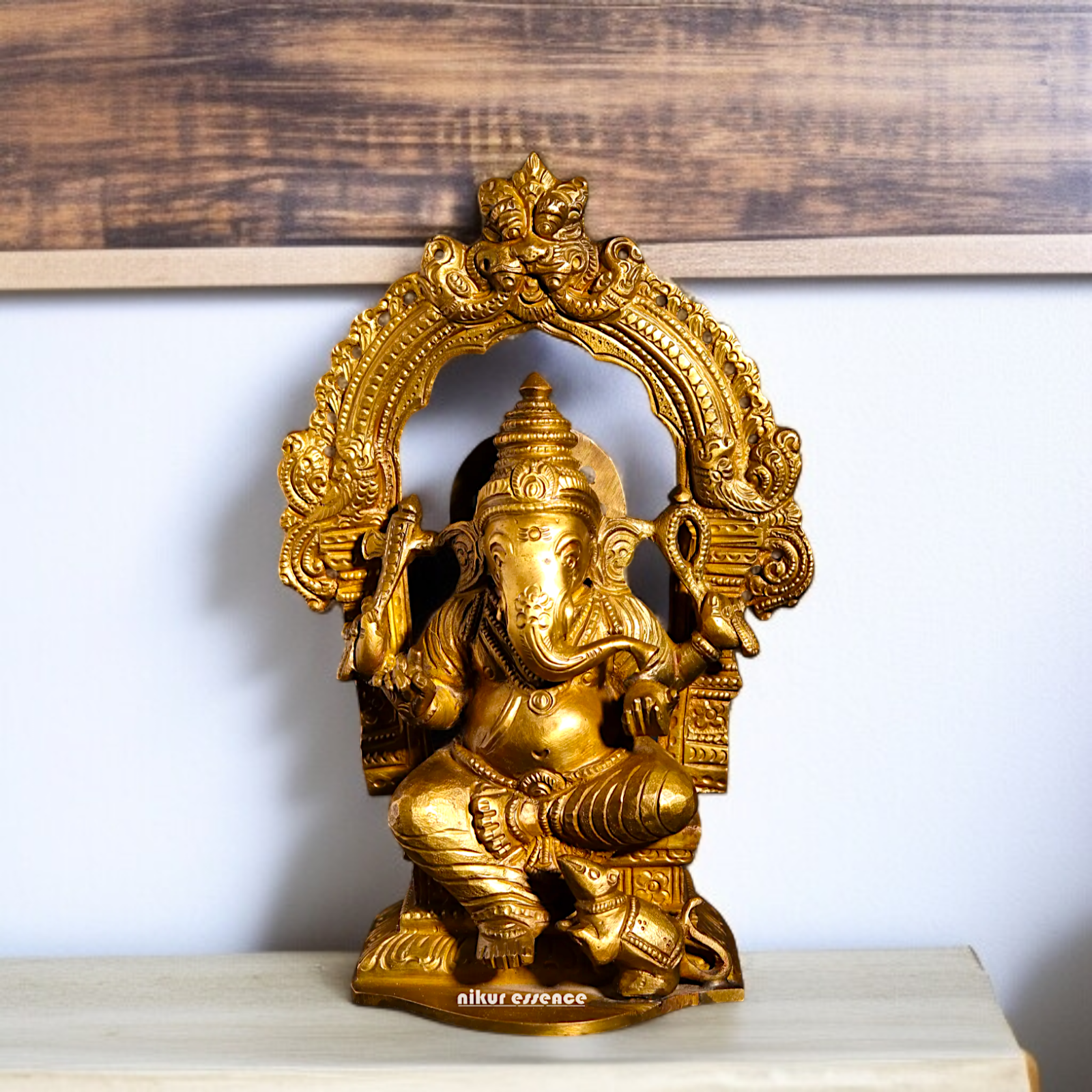 Ganpati Ganesha blessing seated on throne with Four Armed Panchaloha idol- 8 inches Nikuressence