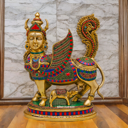 Goddess kamadhenu Cow with Calf Brass Idol Stone Work - 16.5 Inches Nikuressence