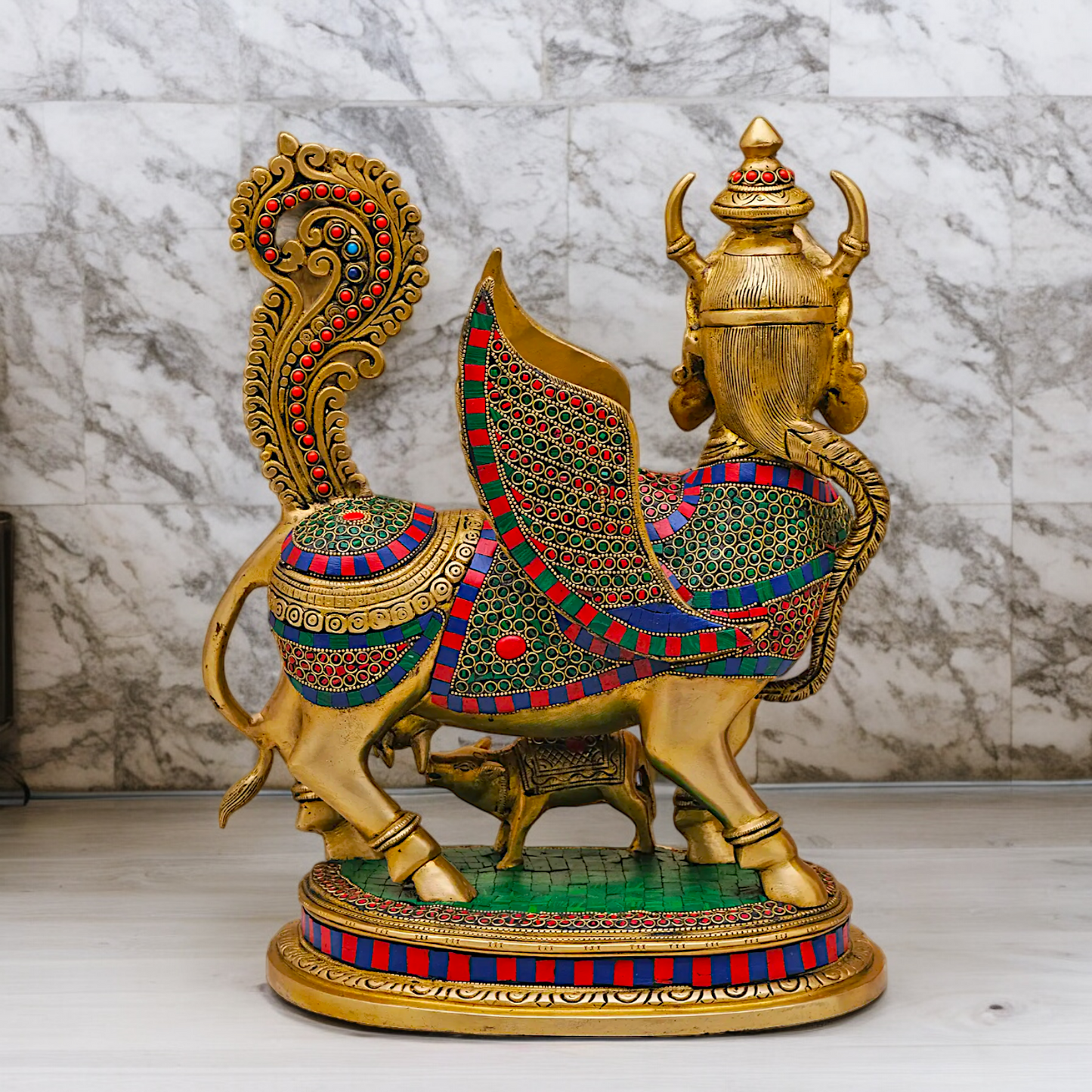 Goddess kamadhenu Cow with Calf Brass Idol Stone Work - 16.5 Inches Nikuressence