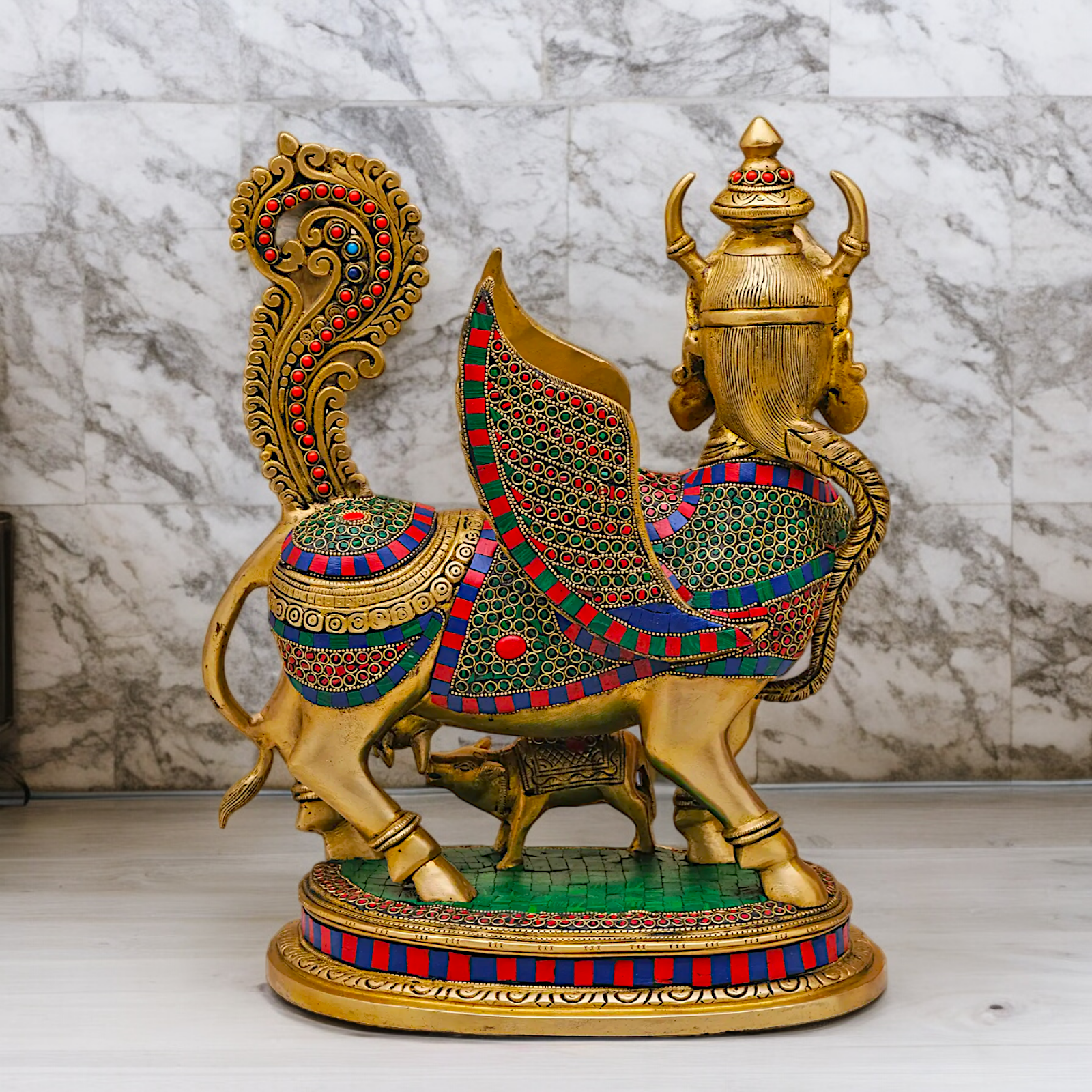 Goddess kamadhenu Cow with Calf Brass Idol Stone Work - 16.5 Inches Nikuressence