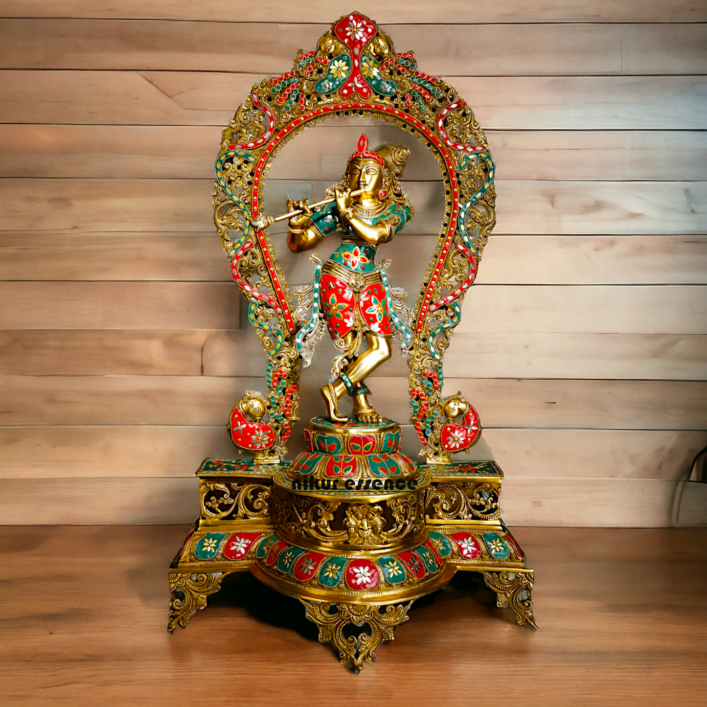 Murli Manohar Krishna Idol on Ornate Pedestal with Intricate Peacock Prabhavali Inlay - Exquisite Brass Statue Nikuressence