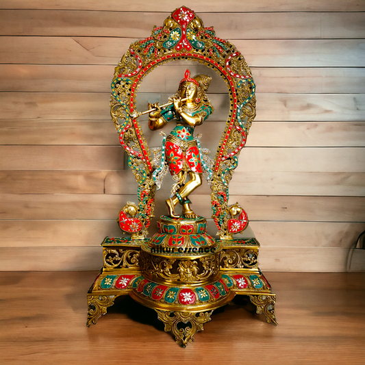 Murli Manohar Krishna Idol on Ornate Pedestal with Intricate Peacock Prabhavali Inlay - Exquisite Brass Statue Nikuressence