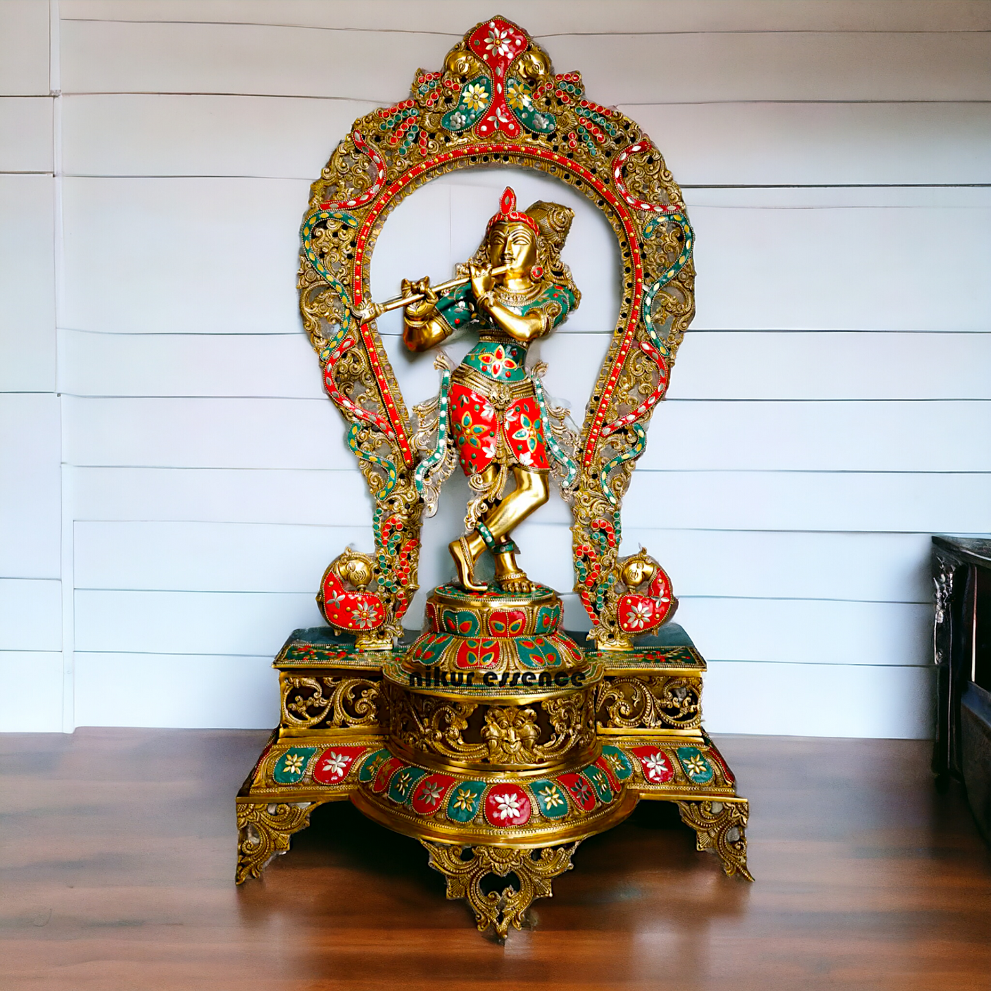 Murli Manohar Krishna Idol on Ornate Pedestal with Intricate Peacock Prabhavali Inlay - Exquisite Brass Statue Nikuressence
