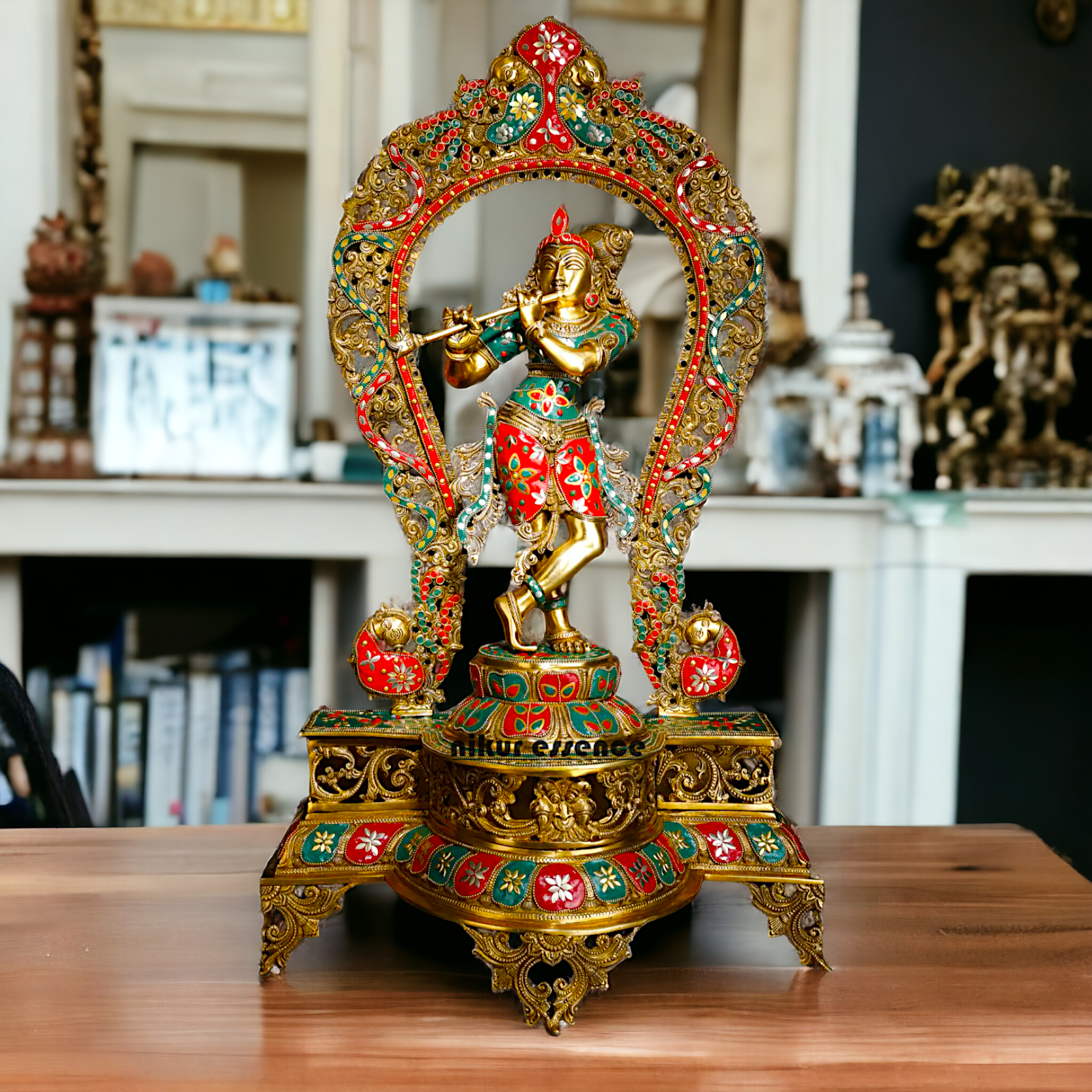 Murli Manohar Krishna Idol on Ornate Pedestal with Intricate Peacock Prabhavali Inlay - Exquisite Brass Statue Nikuressence