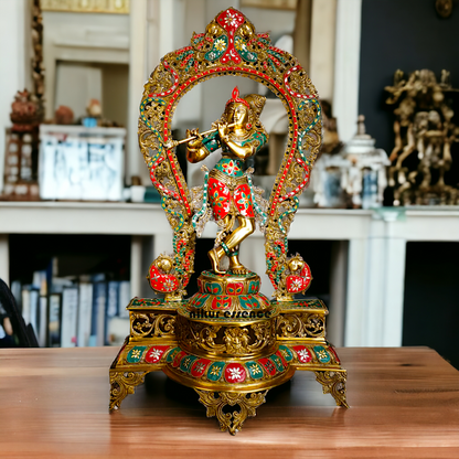 Murli Manohar Krishna Idol on Ornate Pedestal with Intricate Peacock Prabhavali Inlay - Exquisite Brass Statue Nikuressence