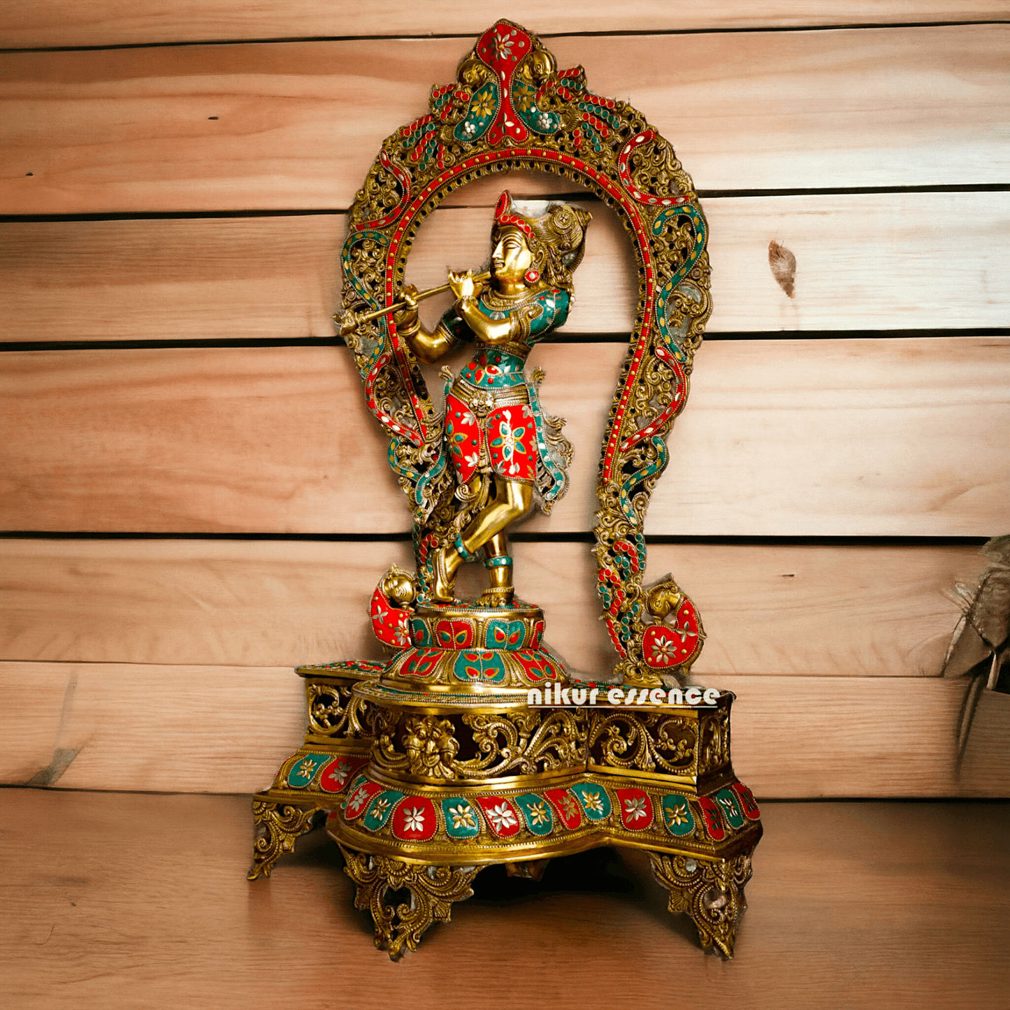 Murli Manohar Krishna Idol on Ornate Pedestal with Intricate Peacock Prabhavali Inlay - Exquisite Brass Statue Nikuressence
