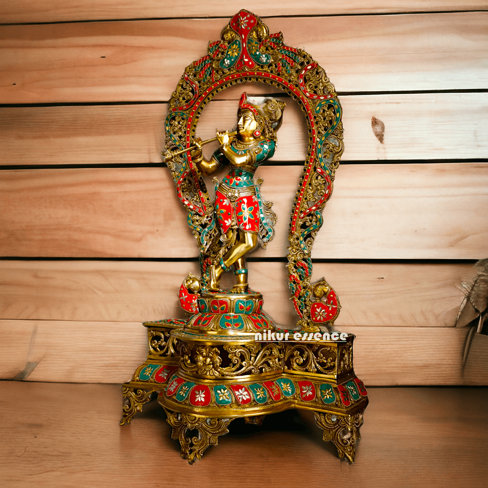 Murli Manohar Krishna Idol on Ornate Pedestal with Intricate Peacock Prabhavali Inlay - Exquisite Brass Statue Nikuressence