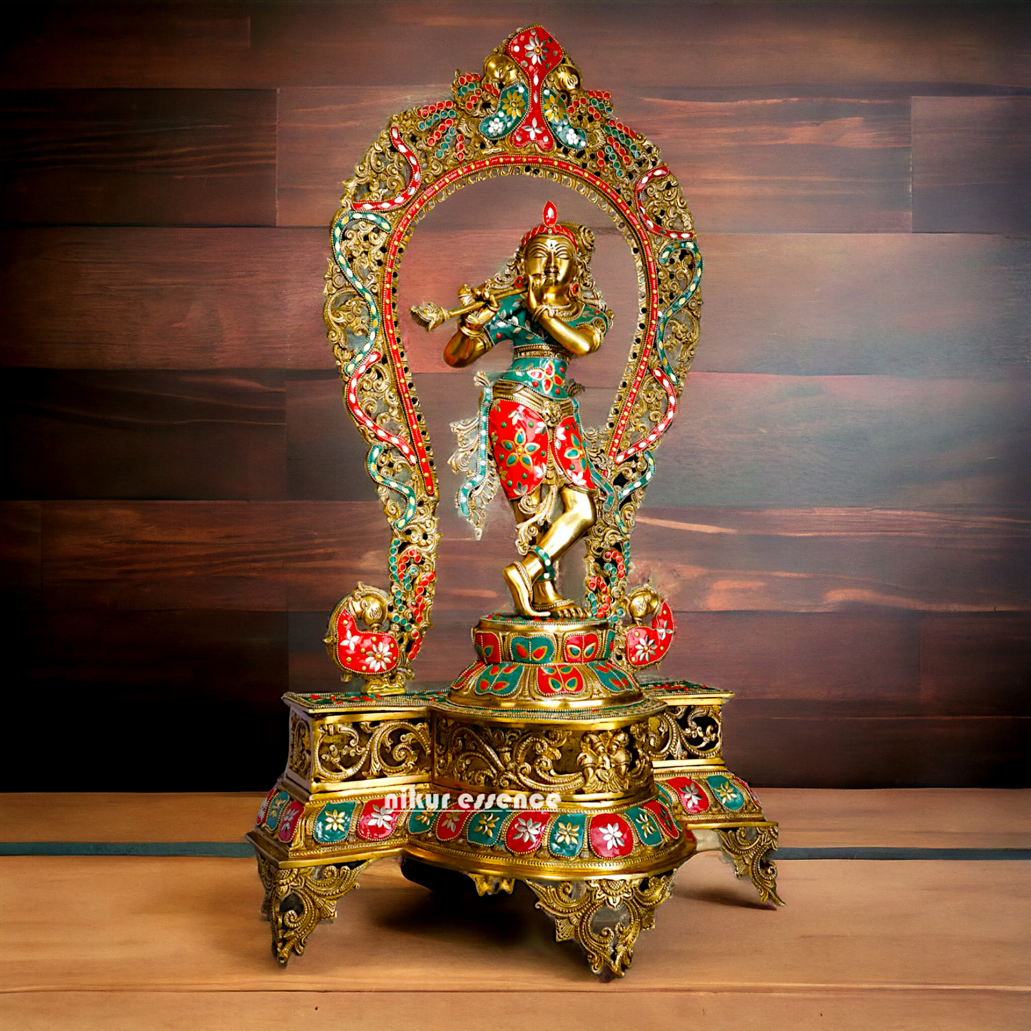Murli Manohar Krishna Idol on Ornate Pedestal with Intricate Peacock Prabhavali Inlay - Exquisite Brass Statue Nikuressence