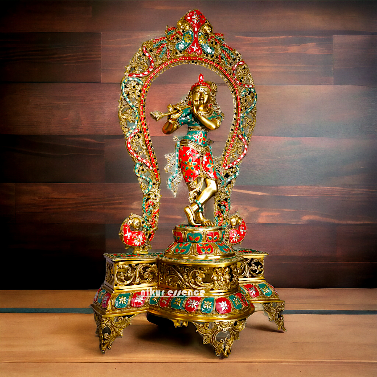 Murli Manohar Krishna Idol on Ornate Pedestal with Intricate Peacock Prabhavali Inlay - Exquisite Brass Statue Nikuressence
