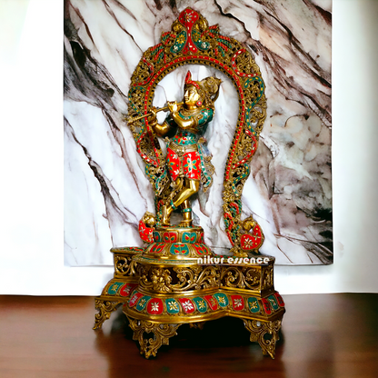 Murli Manohar Krishna Idol on Ornate Pedestal with Intricate Peacock Prabhavali Inlay - Exquisite Brass Statue Nikuressence
