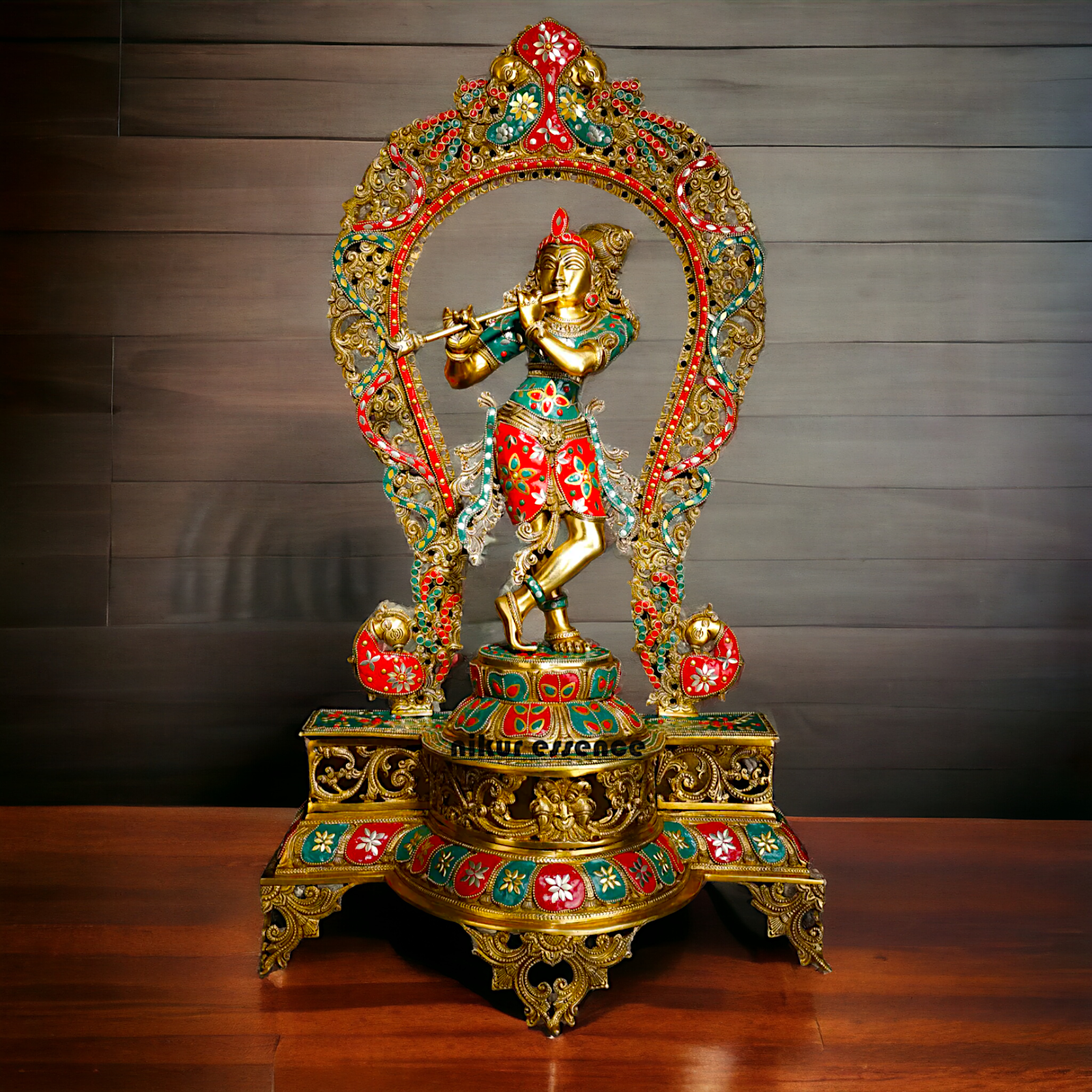 Murli Manohar Krishna Idol on Ornate Pedestal with Intricate Peacock Prabhavali Inlay - Exquisite Brass Statue Nikuressence