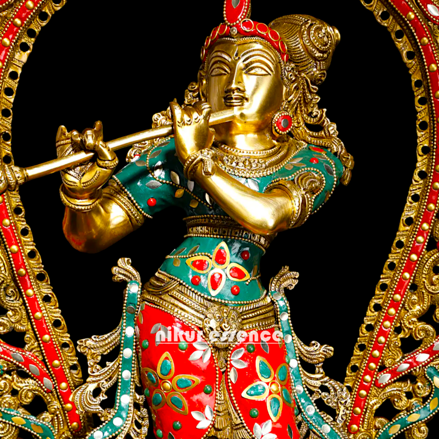 Murli Manohar Krishna Idol on Ornate Pedestal with Intricate Peacock Prabhavali Inlay - Exquisite Brass Statue Nikuressence