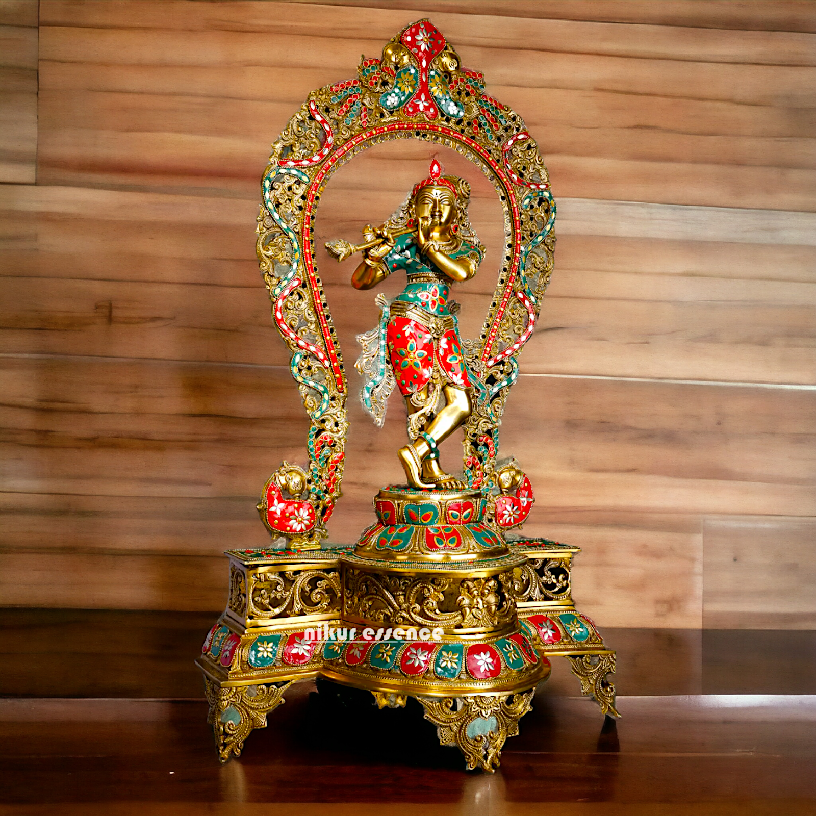 Murli Manohar Krishna Idol on Ornate Pedestal with Intricate Peacock Prabhavali Inlay - Exquisite Brass Statue Nikuressence
