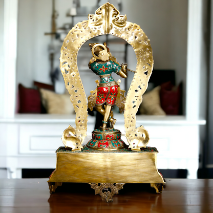 Murli Manohar Krishna Idol on Ornate Pedestal with Intricate Peacock Prabhavali Inlay - Exquisite Brass Statue Nikuressence