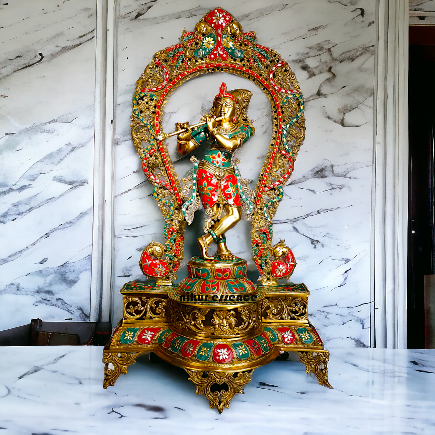 Murli Manohar Krishna Idol on Ornate Pedestal with Intricate Peacock Prabhavali Inlay - Exquisite Brass Statue Nikuressence