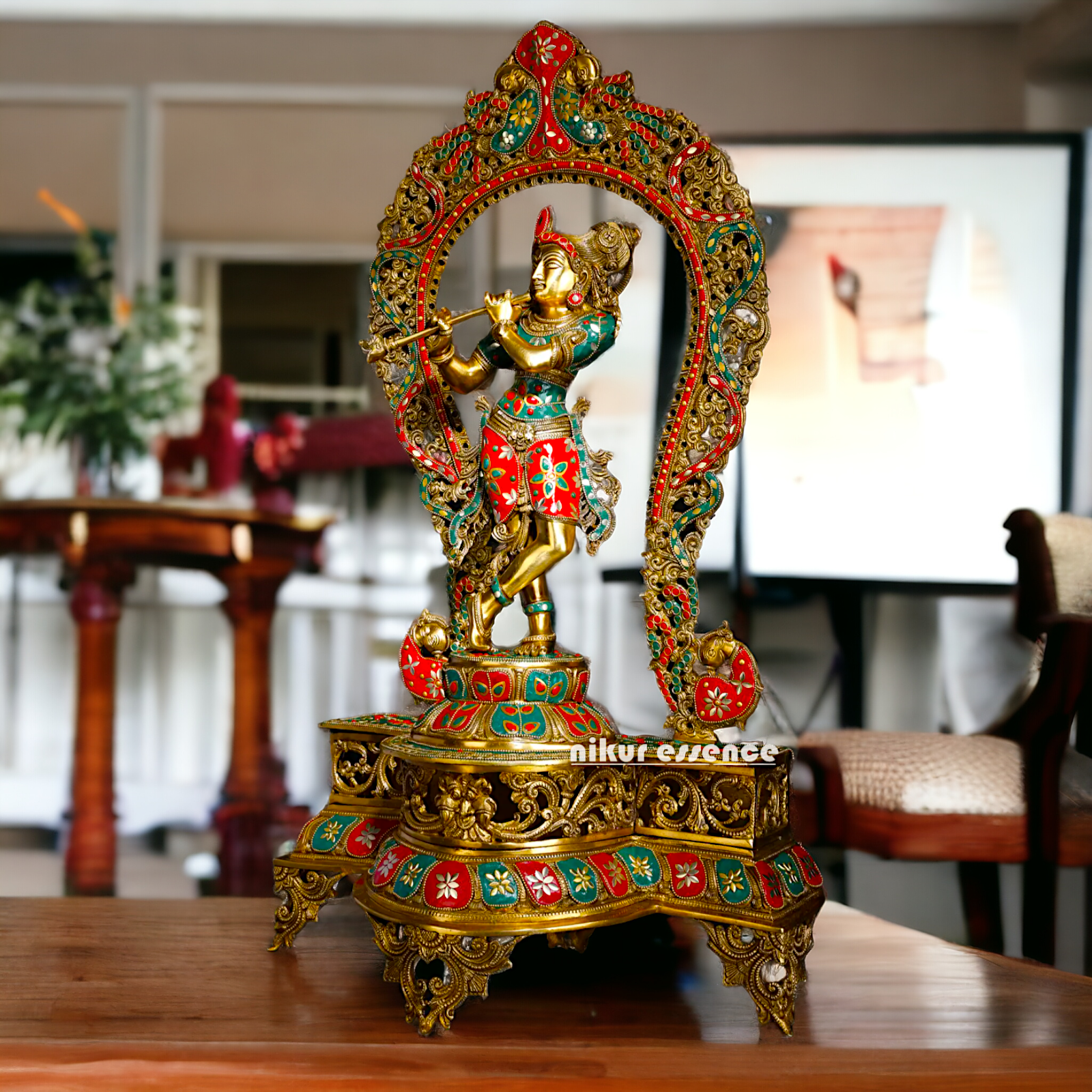 Murli Manohar Krishna Idol on Ornate Pedestal with Intricate Peacock Prabhavali Inlay - Exquisite Brass Statue Nikuressence
